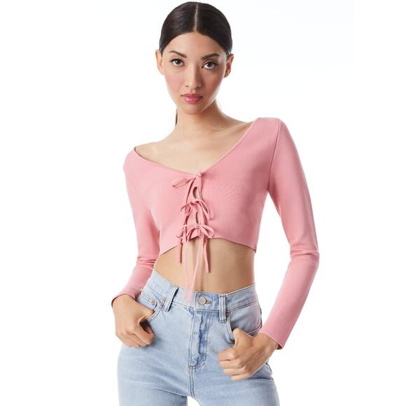ALICE AND OLIVIA Sharee Top Womens Medium Pink Tie Knit Crop V Neck Long Sleeve - Picture 1 of 16